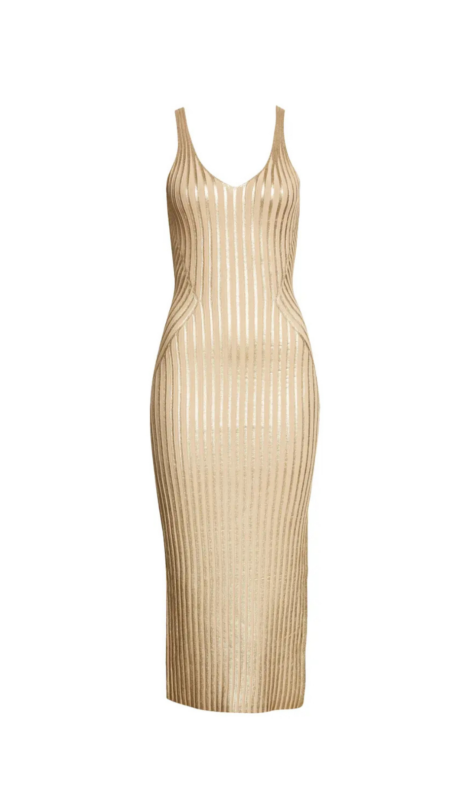 GERTI FOIL RIBBED BODY-CON MIDI DRESS IN GOLD