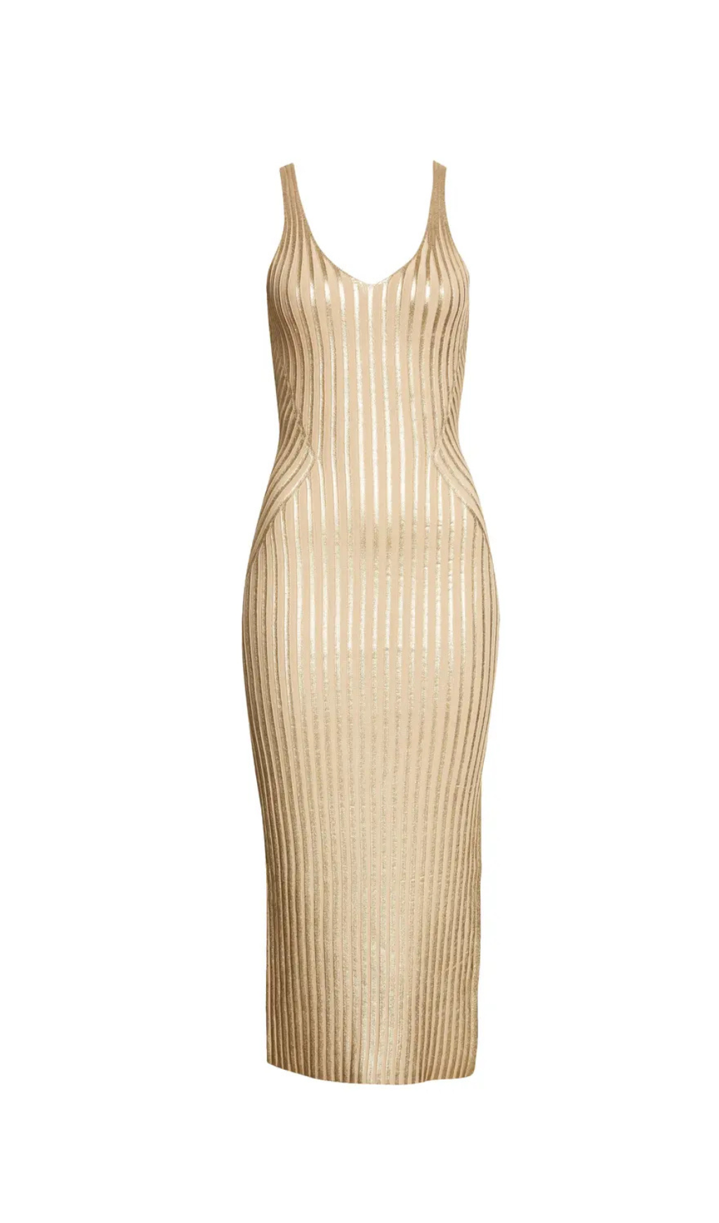 GERTI FOIL RIBBED BODY-CON MIDI DRESS IN GOLD