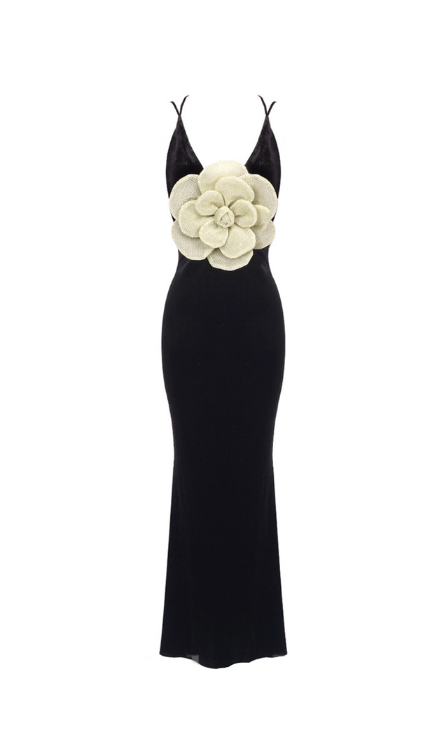 AIIZIE HARRIET GOLD 3D FLOWER BODYCON BLACK MAXI DRESS - product image