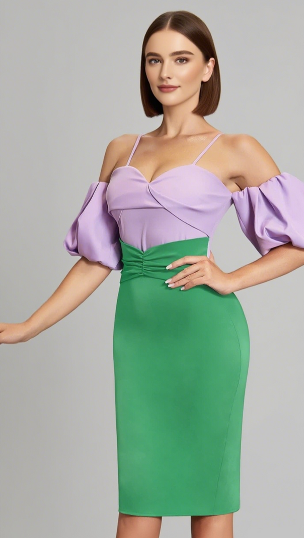 AIIZIE TWO - TONE PUFF - SLEEVE MIDI DRESS IN LAVENDER GREEN - product image