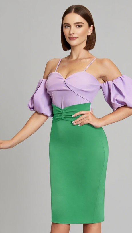 TWO - TONE PUFF - SLEEVE MIDI DRESS IN LAVENDER GREEN