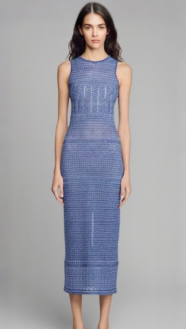 AIIZIE HOLLOW STRIPED SLEEVELESS KNIT MIDI DRESS IN ROYAL BLUE - product image