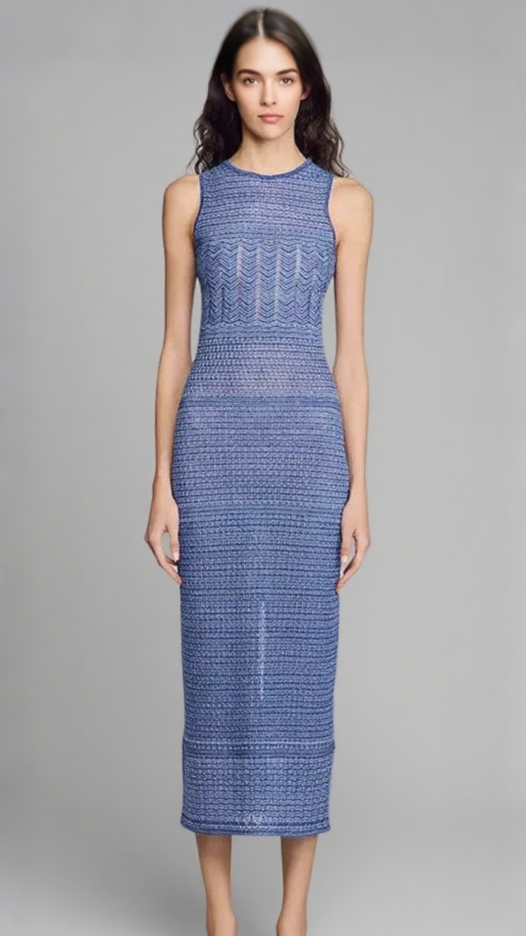 HOLLOW STRIPED SLEEVELESS KNIT MIDI DRESS IN ROYAL BLUE