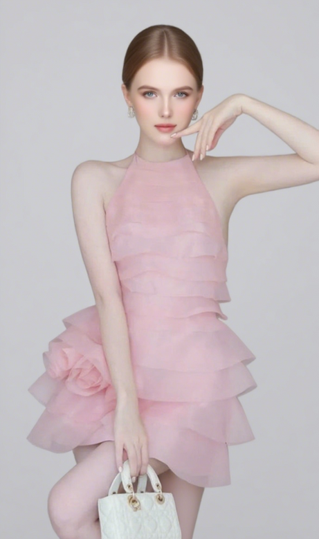 – Neckholder-Minikleid mit Rüschen und 3D-Blumenmuster in Rosa