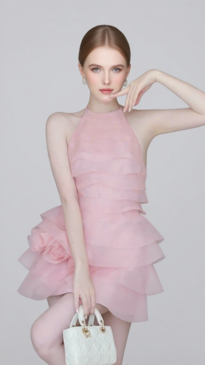 3D FLOWER HALTER RUFFLE LAYER MINI DRESS IN PINK