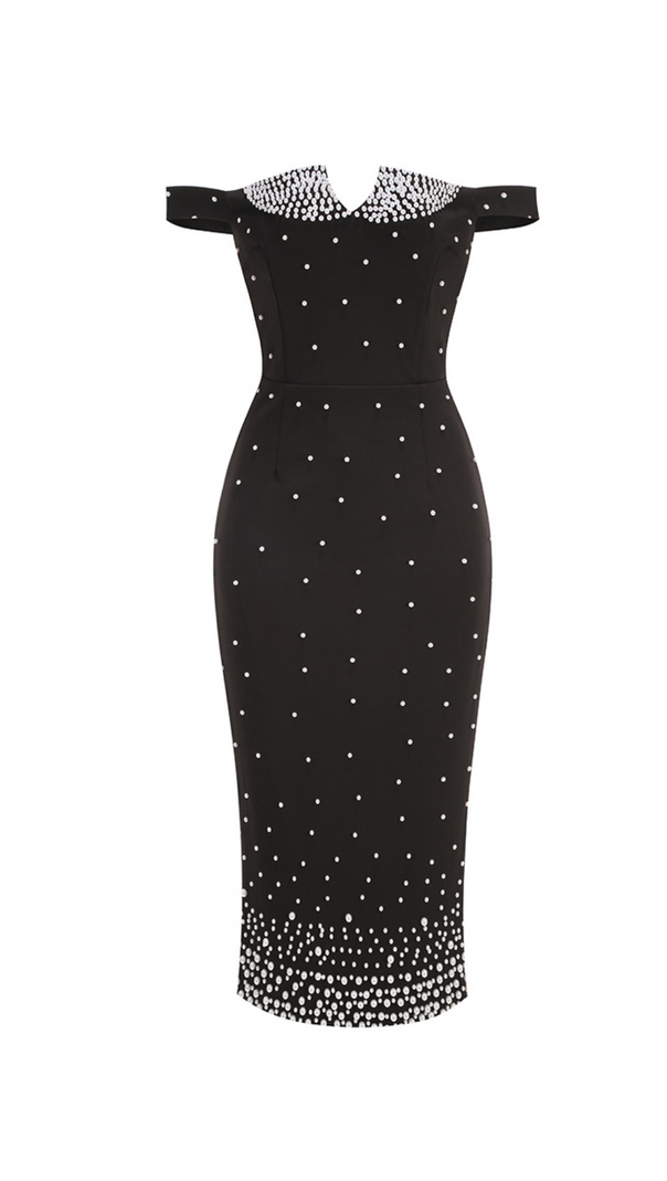 AIIZIE PEARL POLKA DOTS EMBELLISHED MIDI DRESS IN BLACK - product image