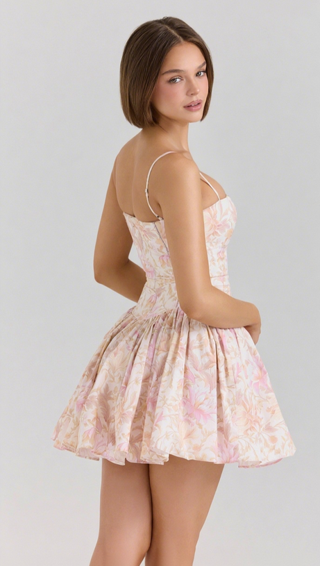 MINI ABITO IN COTONE ELASTICIZZATO CON FIORI PESCA