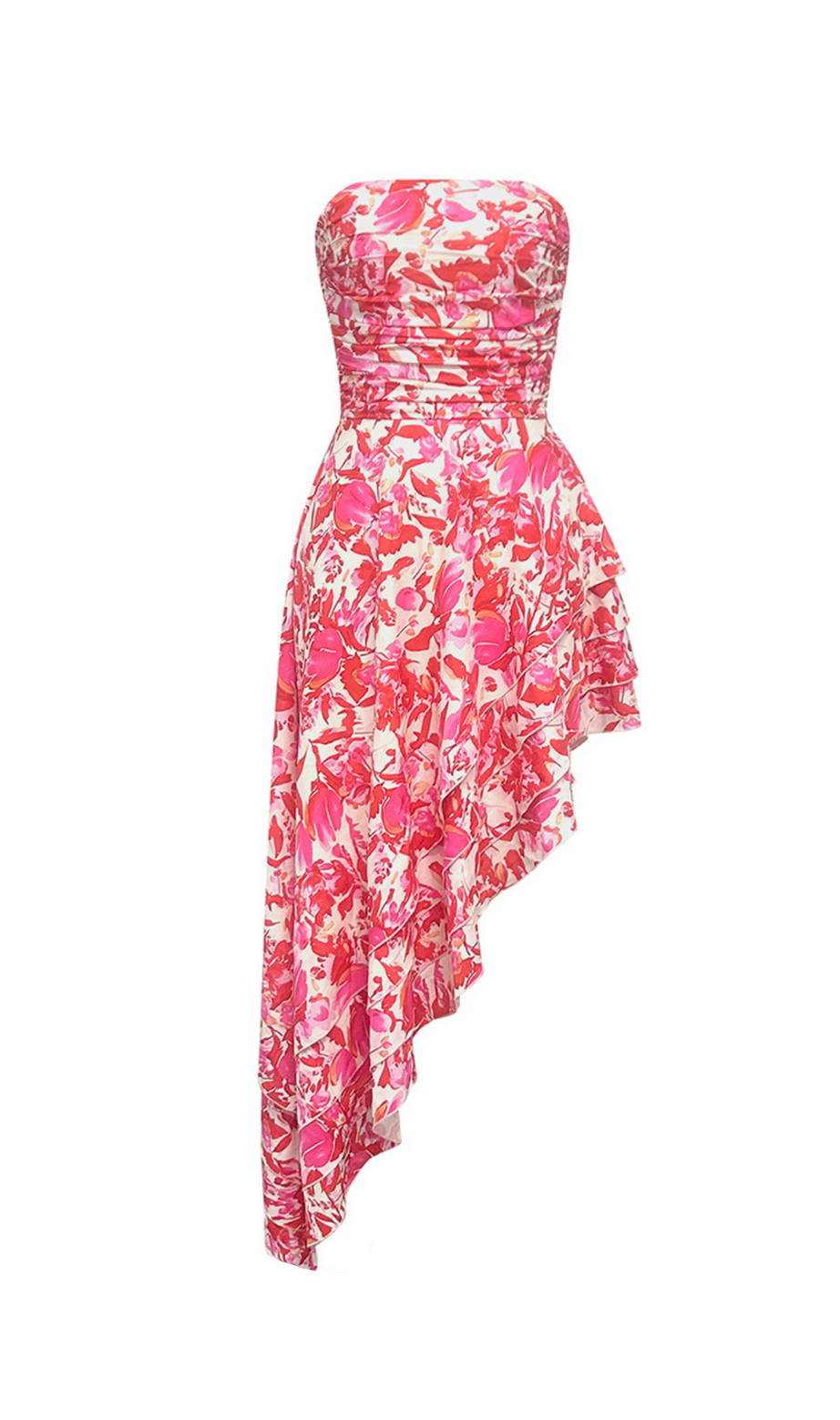 ABITO MIDI CON VOLANT E SENZA SPALLINE A FLOREALE IN ROSSO ROSA