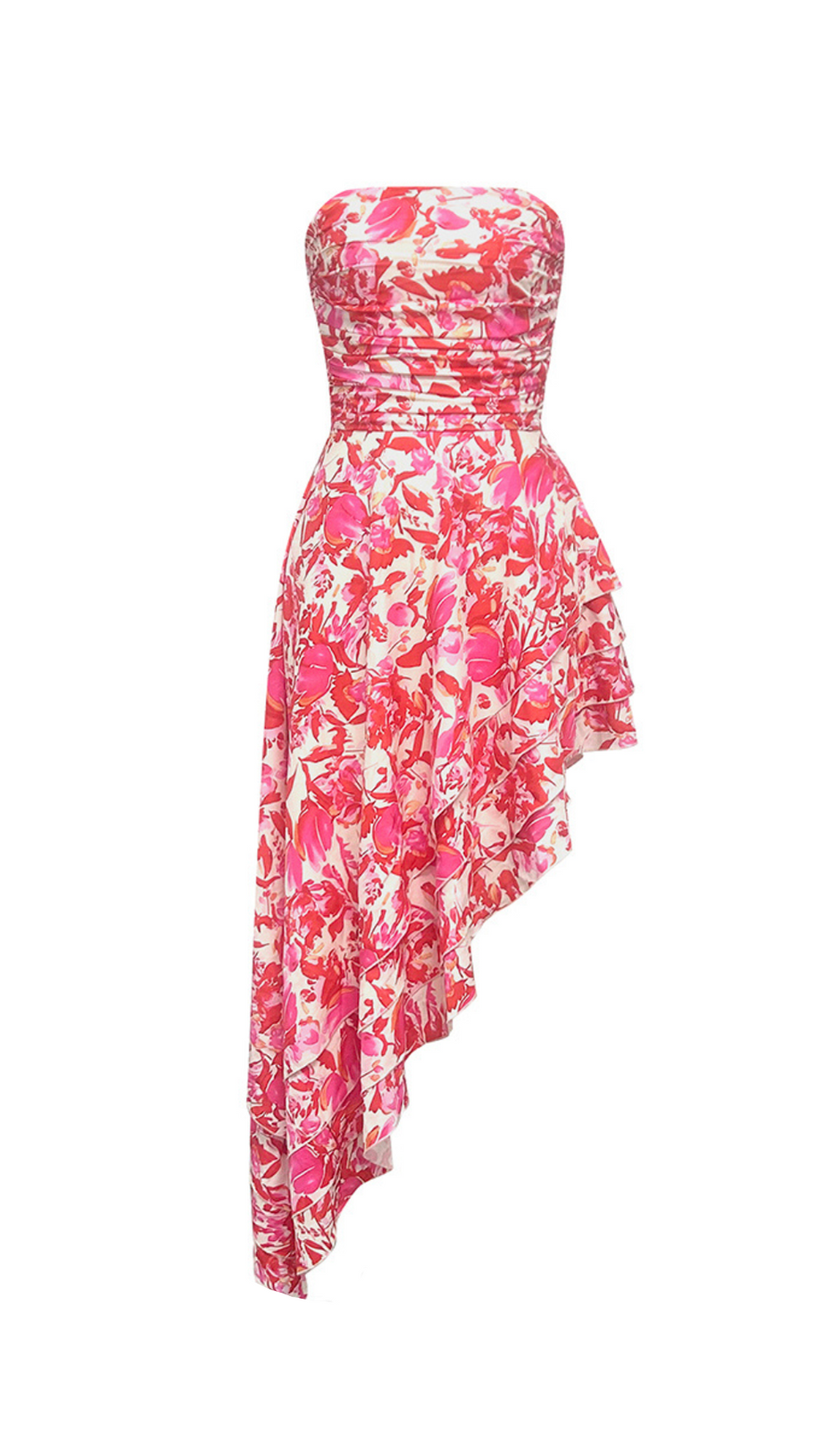 FLORAL STRAPLESS RUFFLE MIDI DRESS IN RED PINK