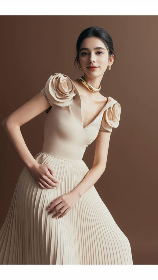 AIIZIE RHAPSODY FLORAL EMBELLISHED PLEATED MIDI DRESS - product image