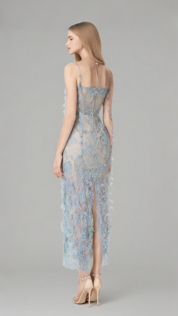AIIZIE BLUE BEADED LACE PENCEL DRESS - product image