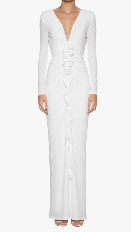 ELSA V NECK FLOWER RUCHED MAXI DRESS IN WHITE