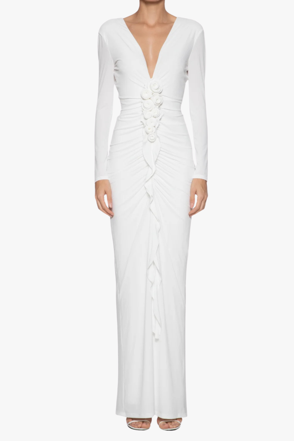 elsa V Neck Flower Ruched maxi Dress in white