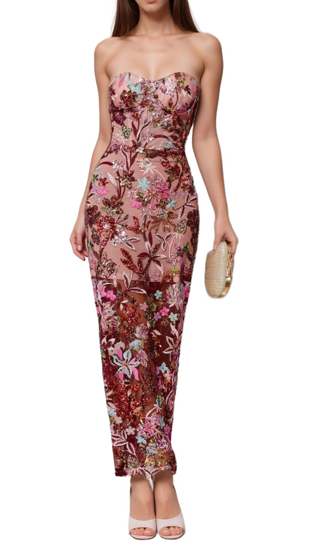 AIIZIE ARABELA CHACHI RED STRAPLESS FLOWER EMBROIDERY MAXI DRESS - product image