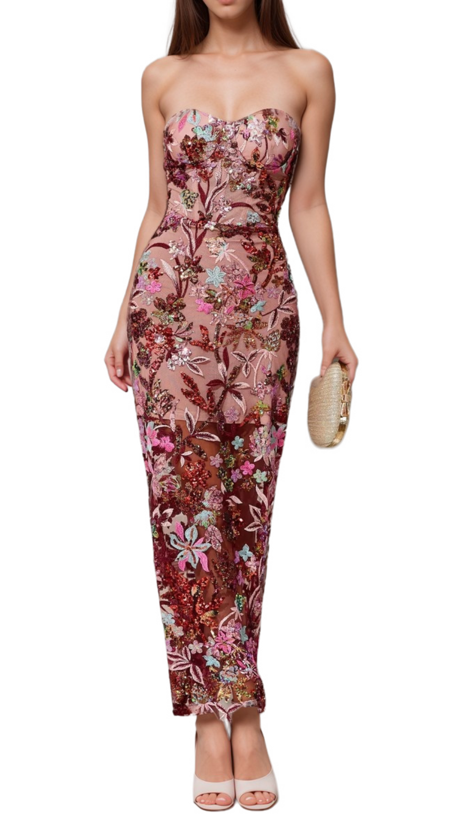 ARABELA CHACHI RED STRAPLESS FLOWER EMBROIDERY MAXI DRESS