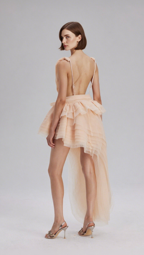 BOSMAT RUCH MESH ASYMMETRIC MINI DRESS IN APRICOT