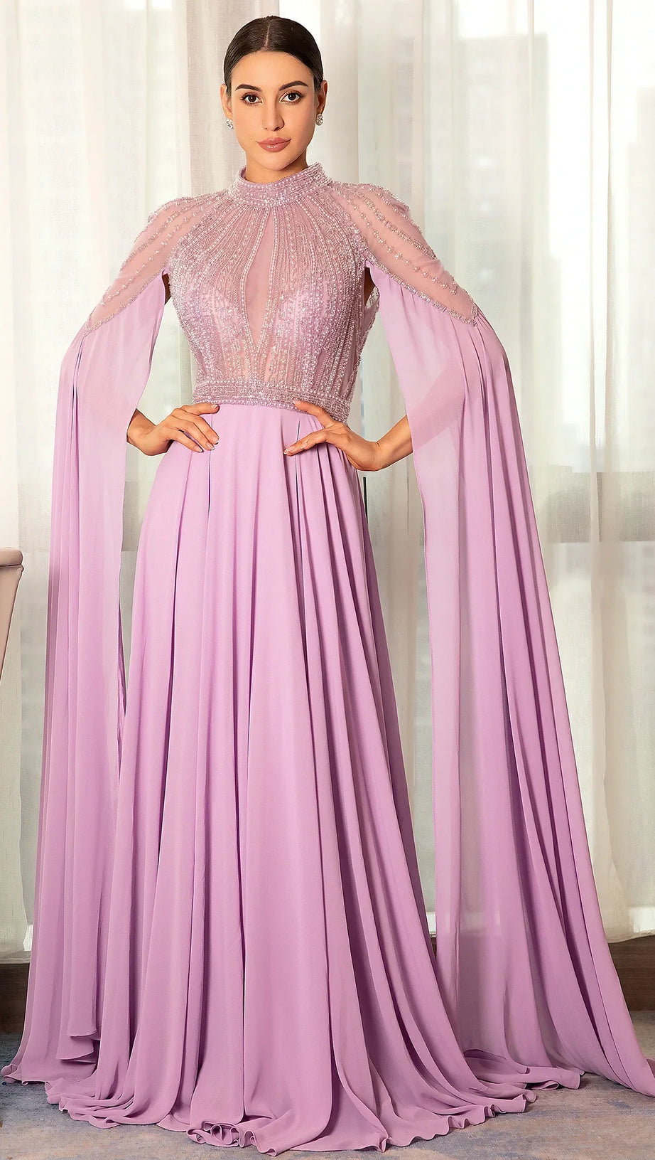 STATHIADE BEADED CAPE SEE-THROUGH EVENING GOWN DRESS