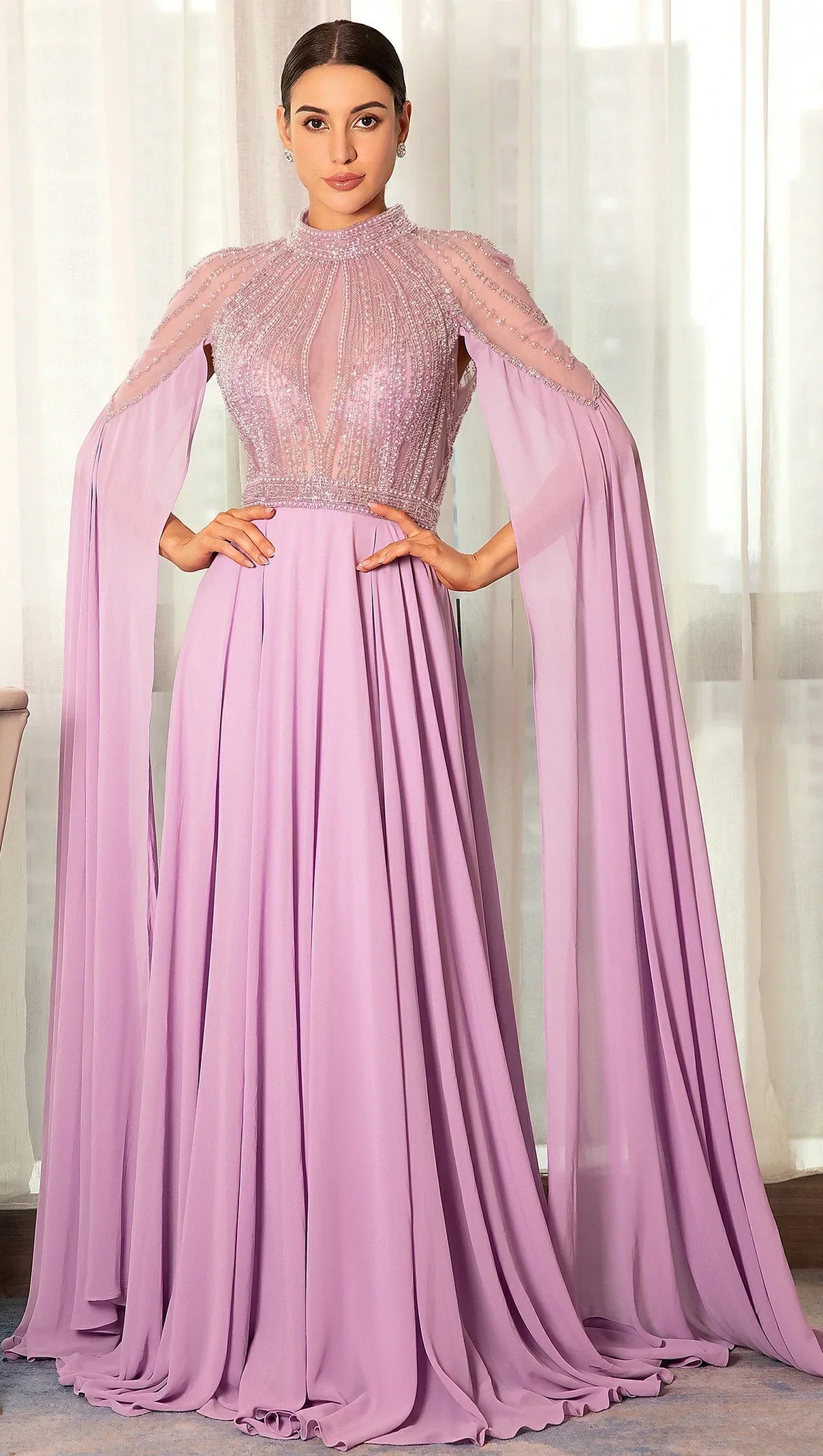 AIIZIE STATHIADE BEADED CAPE SEE-THROUGH EVENING GOWN DRESS - product image