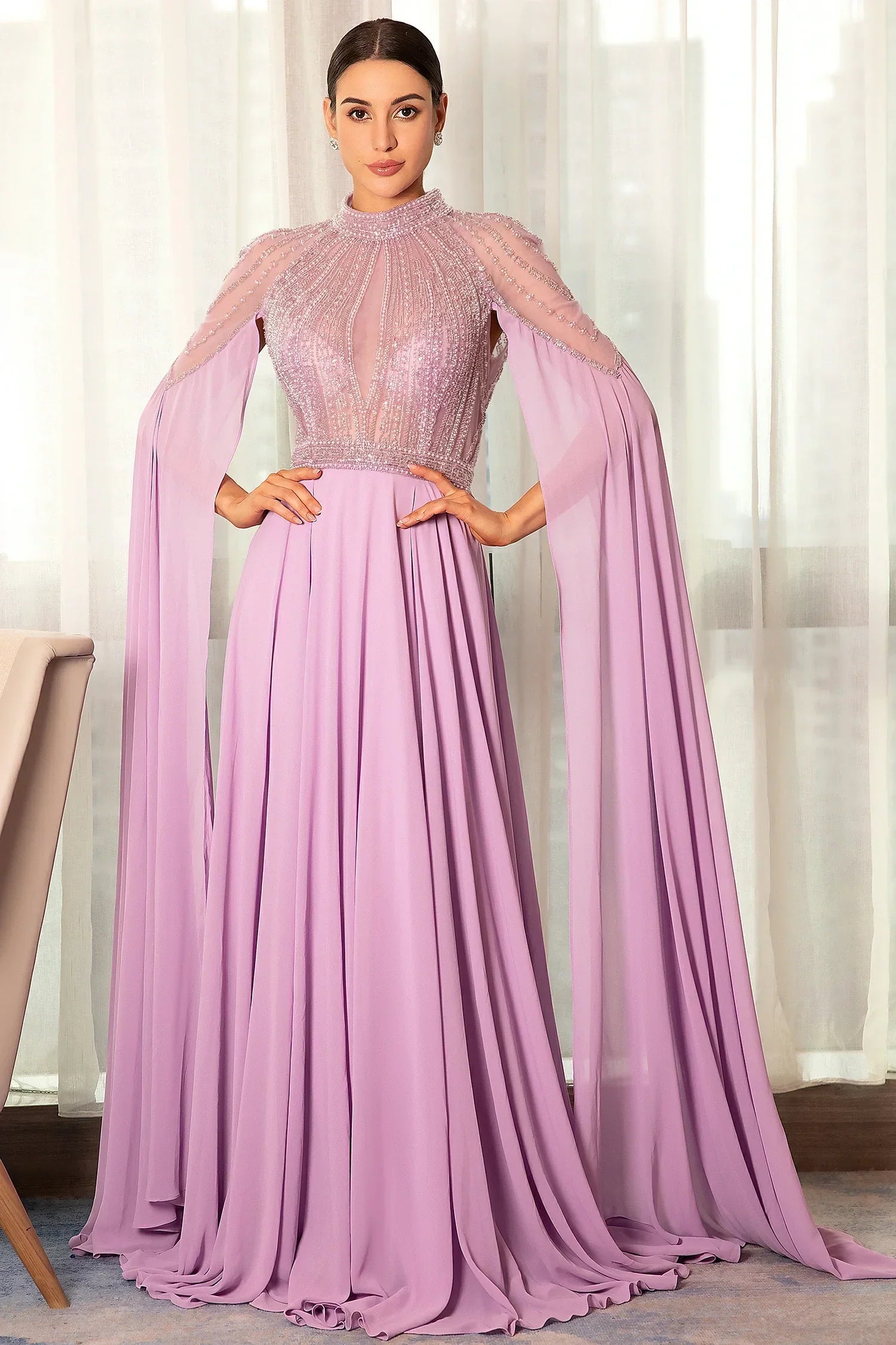 STATHIADE BEADED CAPE SEE-THROUGH EVENING GOWN DRESS