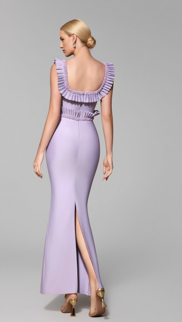 AIIZIE SQUARE NECK RUFFLE TRIM BEADED MIDI DRESS IN LAVENDER - product image