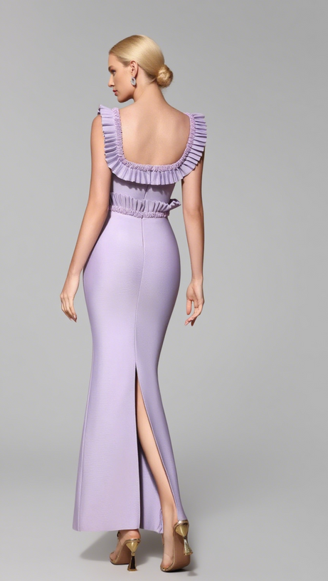 Midikleid mit quadratischem Ausschnitt, Rüschenbesatz und Perlen in Lavendel