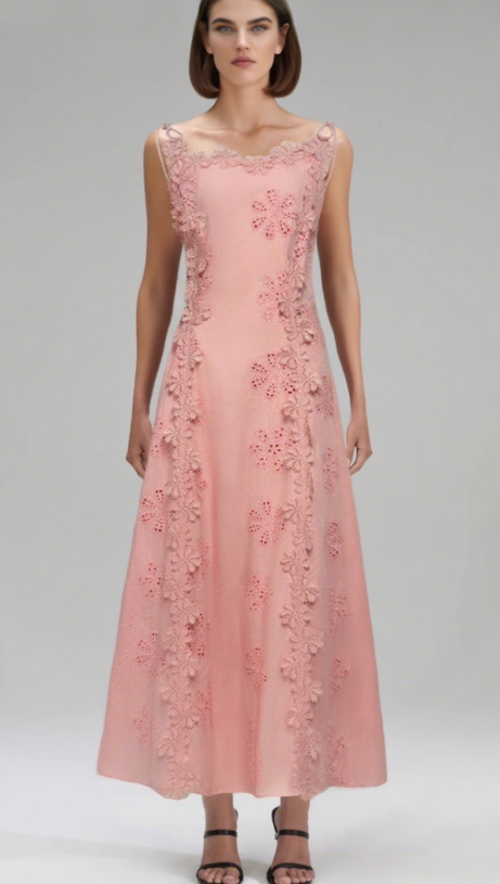 LACE TRIM EMBROIDERY HOLLOW MIDI DRESS IN WHITE