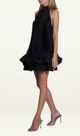 tina Double-layer ruffled halter neck mini dress in black