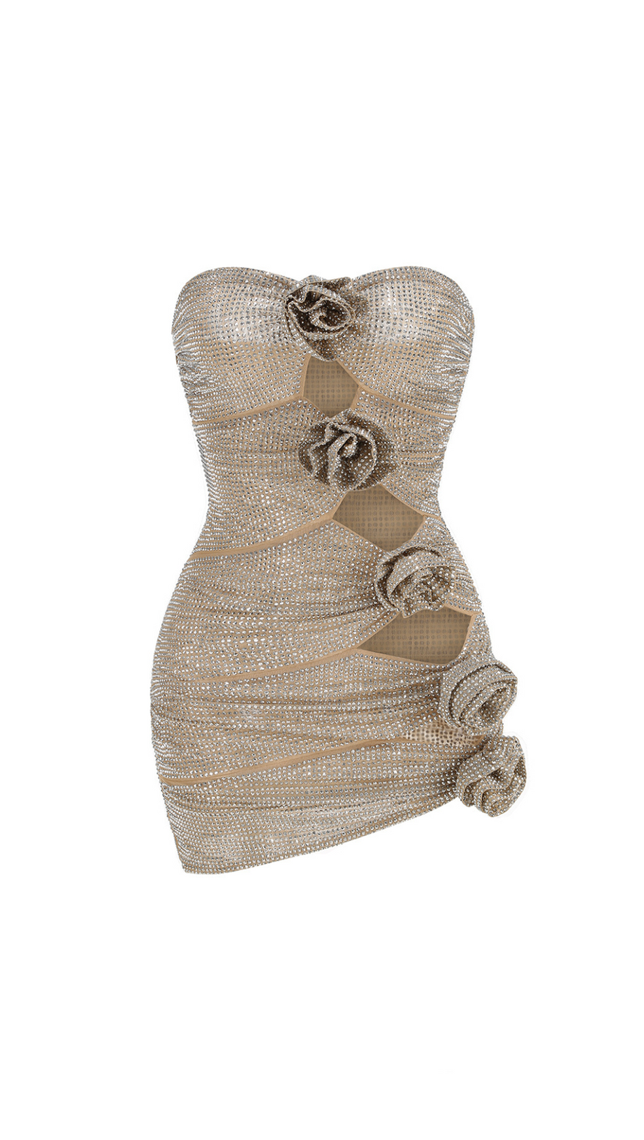 miniabito con spalle scoperte e cristalli in argento
