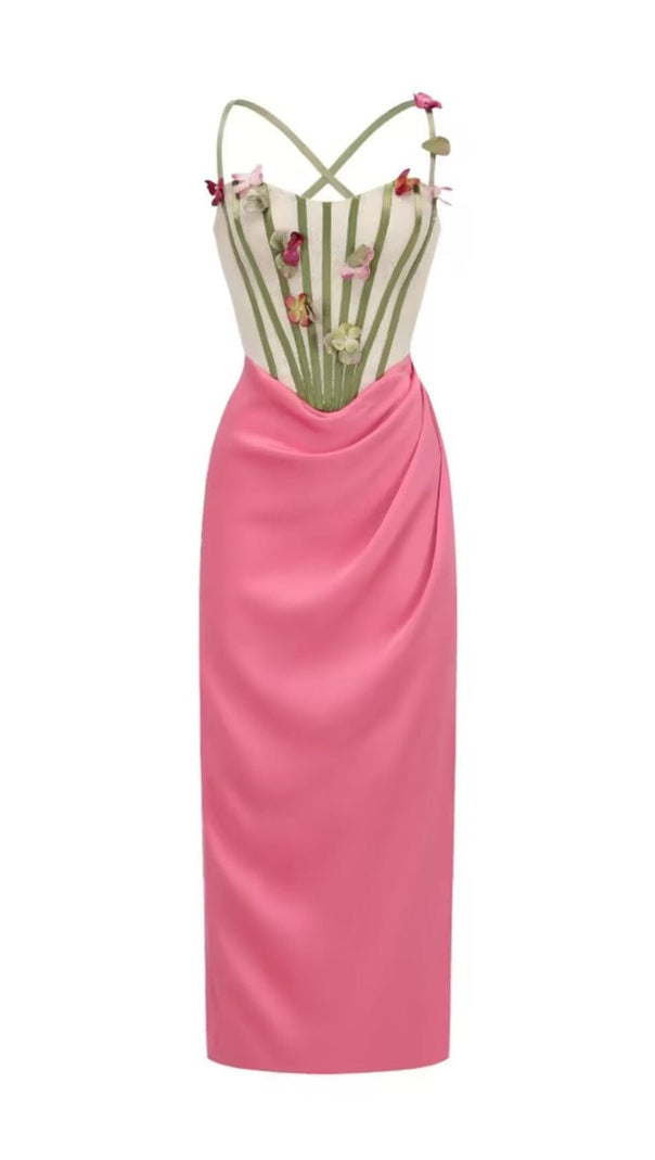ABITO MIDI CON CORSETTO A FIORI ROSA
