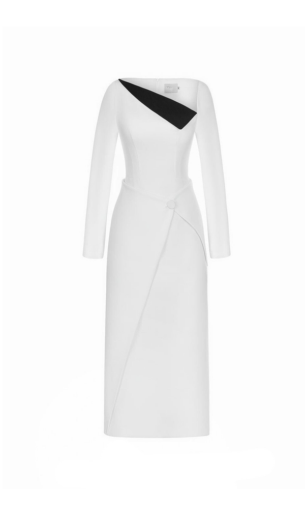 REGINA WHITE ASYMMETRIC NECK POLYCOTTON SHEATH MIDI DRESS