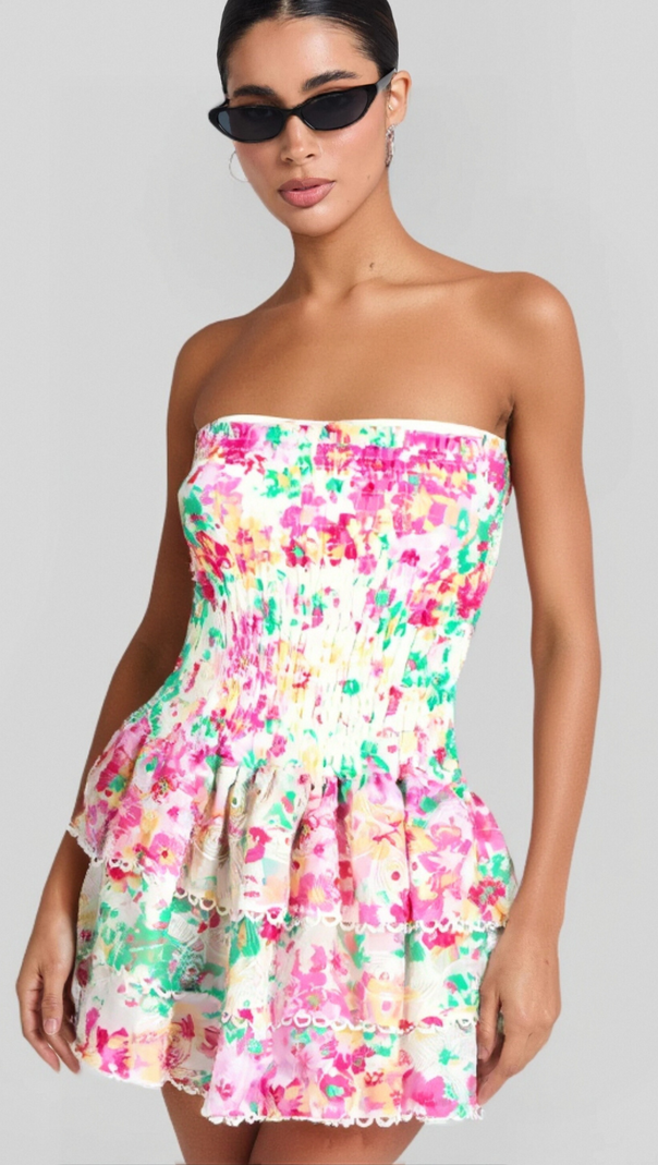 AIIZIE WHITE FLORAL RUCHED STRAPLESS MINI DRESS - product image