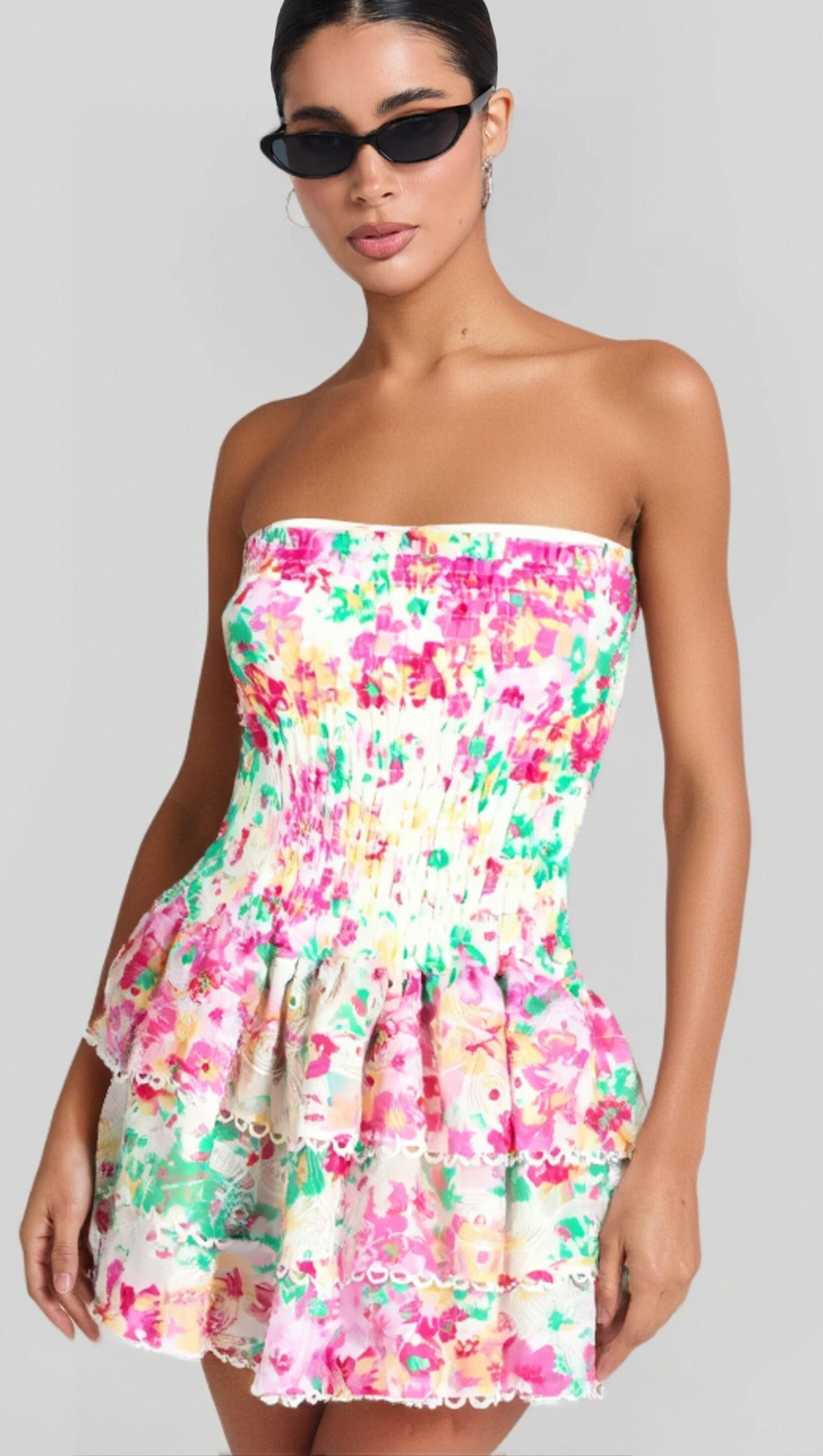 WHITE FLORAL RUCHED STRAPLESS MINI DRESS