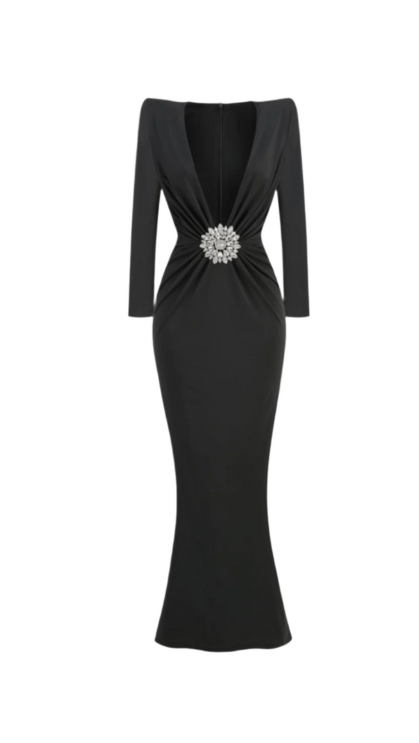 AIIZIE BERNICE LONG SLEEVE DRAPED EMBELLISHED MAXI DRESS IN BLACK - product image