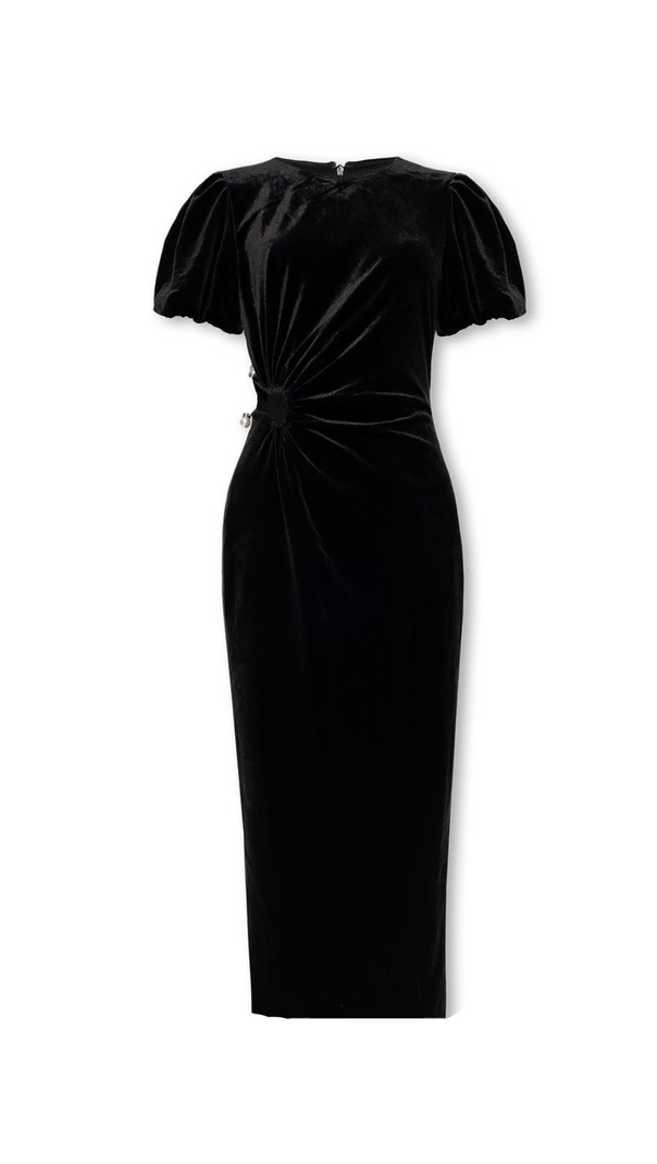AIIZIE PLEATED VELVET CUT-OUT MIDI DRESS IN BLACK - product image