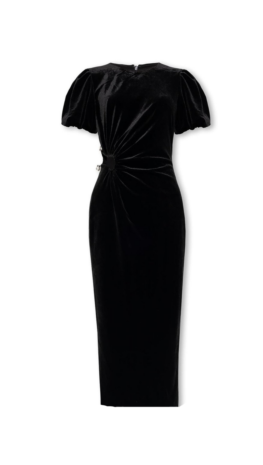 PLEATED VELVET CUT-OUT MIDI DRESS IN BLACK
