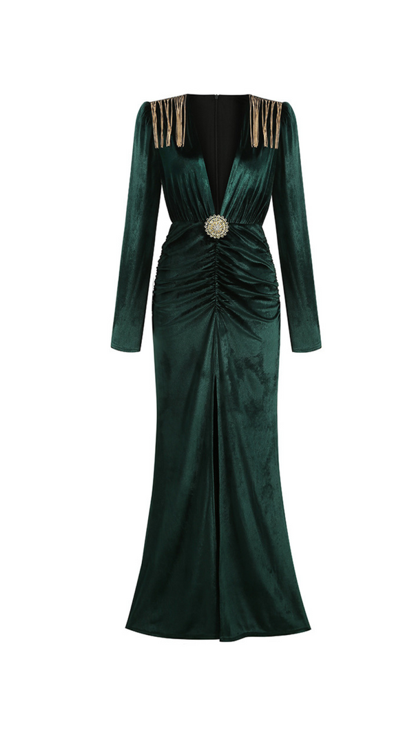 AIIZIE PHILIPPPA VELVET TASSEL V-NECK MAXI DRESS IN GREEN - product image