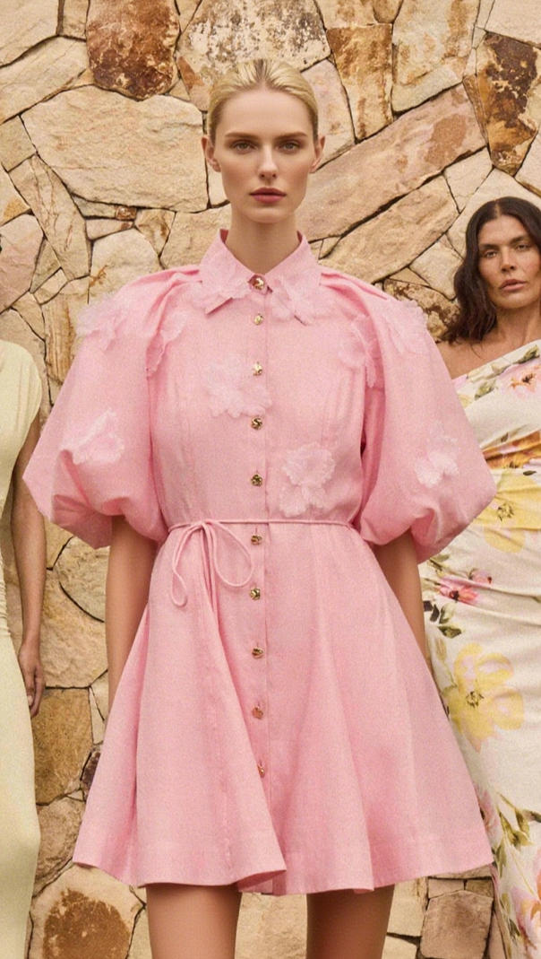 AIIZIE ELVIRA 3D-PETAL BELTED MINI SHIRT DRESS IN PINK - product image