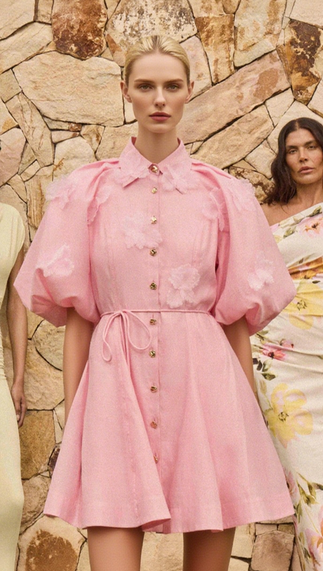 ELVIRA 3D-PETAL BELTED MINI SHIRT DRESS IN PINK