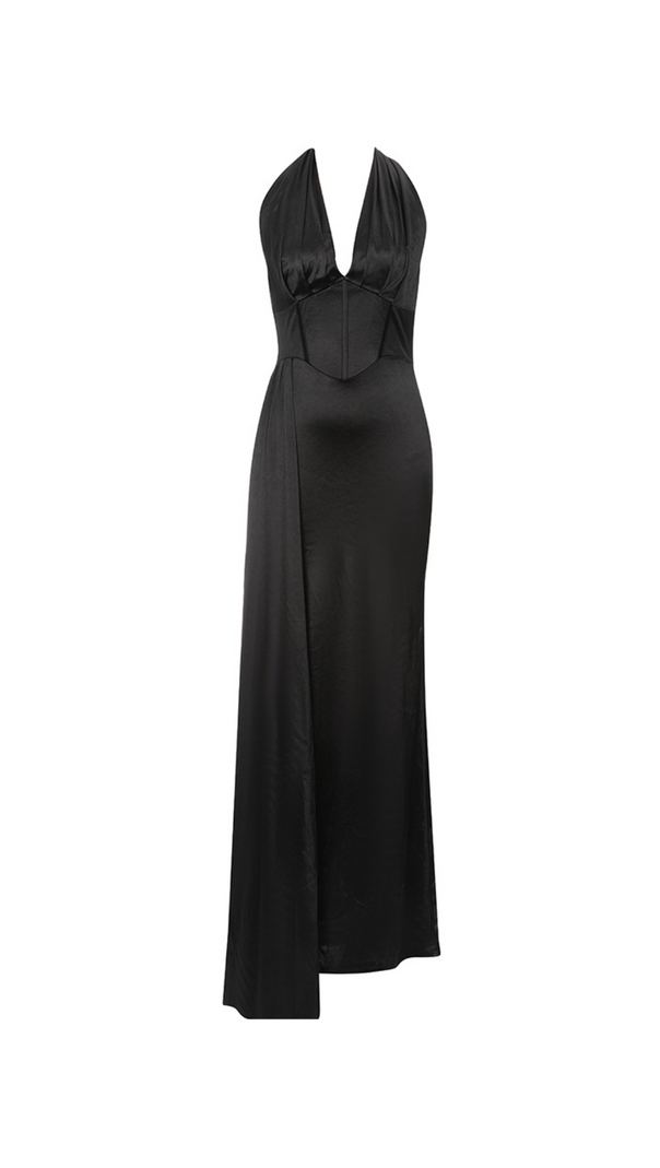 AIIZIE AGNES HALTER DRAPE HIGH SLIT MAXI DRESS IN BLACK - product image
