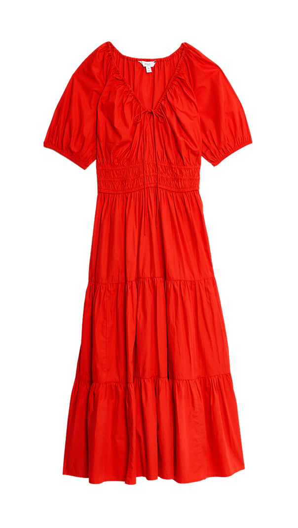 AIIZIE PURE COTTON TIE NECK MIDAXI WAISTED DRESS RED - product image