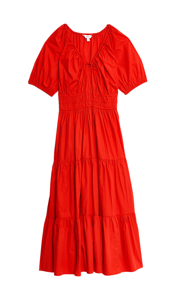 Pure Cotton Tie Neck Midaxi Waisted Dress Red