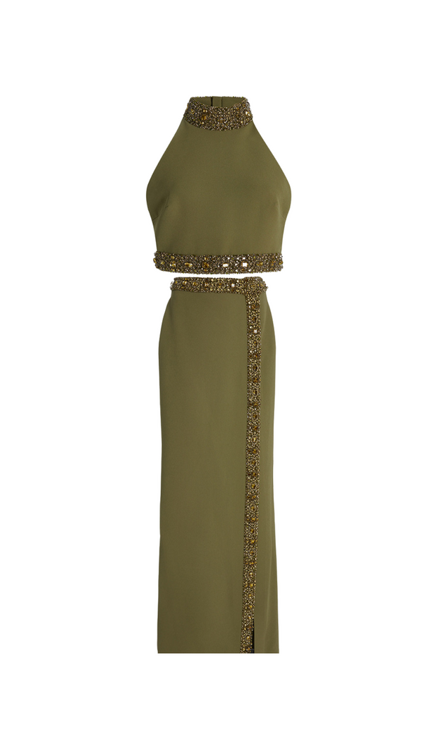AIIZIE BEADED DIAMOND HALTER TOP SLIT SKIRT SUIT IN GREEN - product image