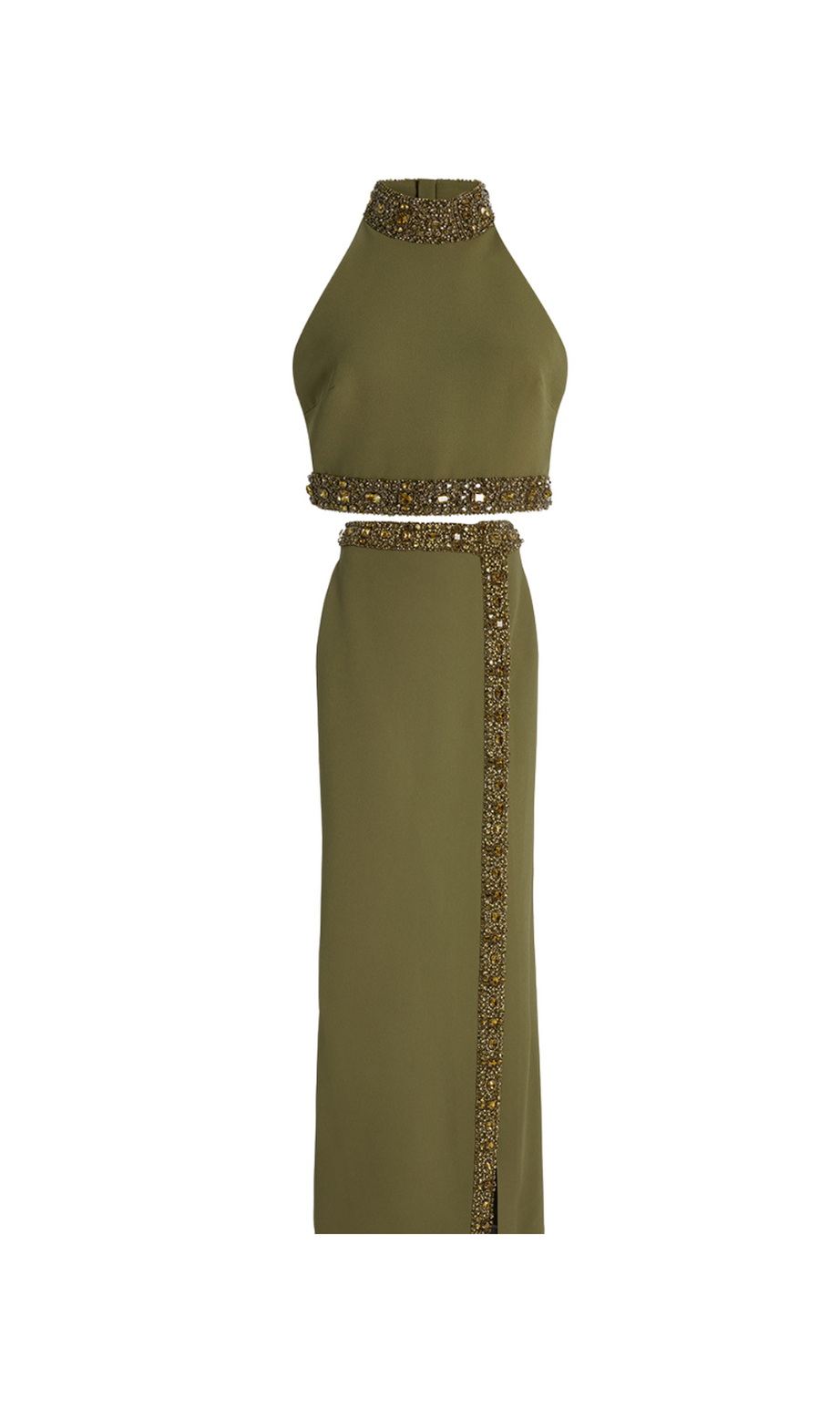 tailleur con gonna con spacco e top con perline e diamanti in verde