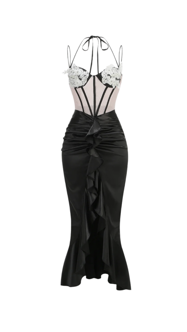 AIIZIE BEULAH BLACK SATIN CORSET SEQUIN WING CUP DRESS - product image
