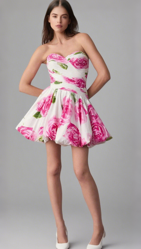 ROSE LIGHT BUBBLE HEM STRAPLESS MINI DRESS