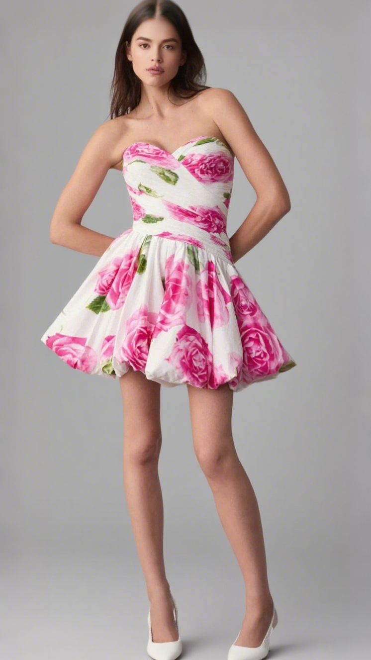 ROSE LIGHT BUBBLE HEM STRAPLESS MINI DRESS