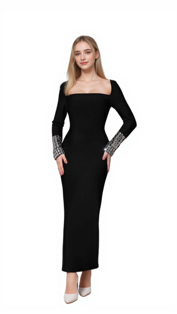 AIIZIE BREENDA SQUARE NECK DIAMOND TIGHT BANDAGE MAXI DRESS IN BLACK - product image