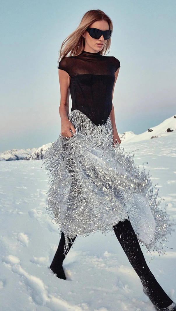 AIIZIE TASSEL SEQUIN BLACK CORSET MAXI DRESS - product image