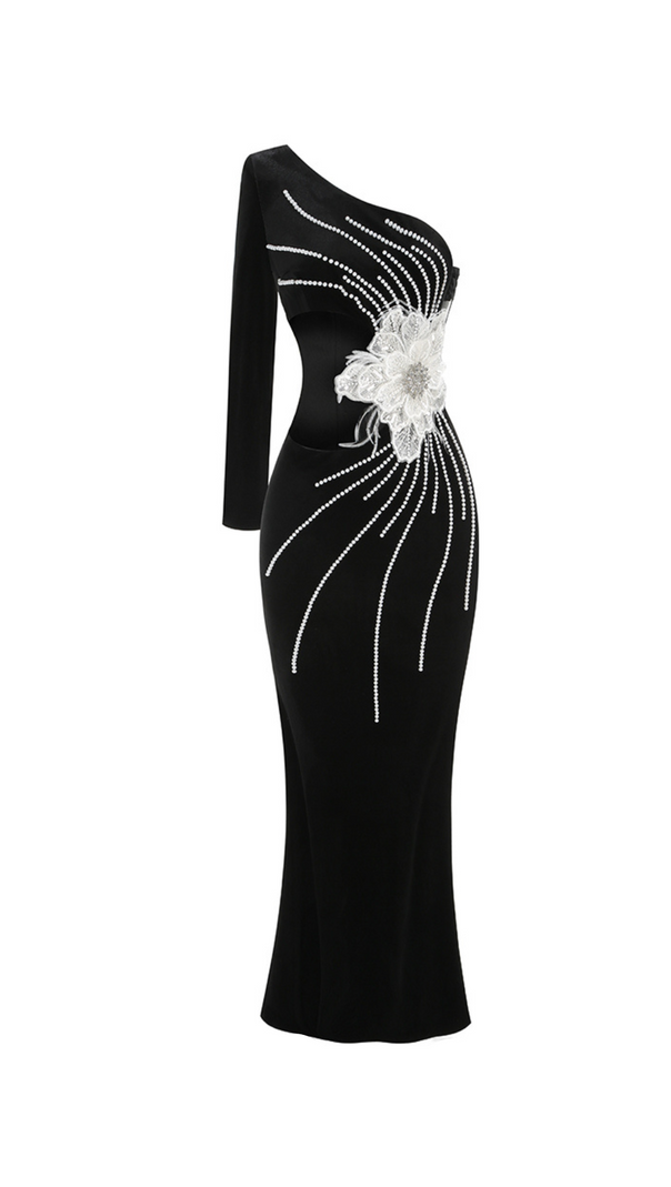 AIIZIE CALISTA OLIVE BLACK ONE SHOULDER VELVET MAXI DRESS - product image