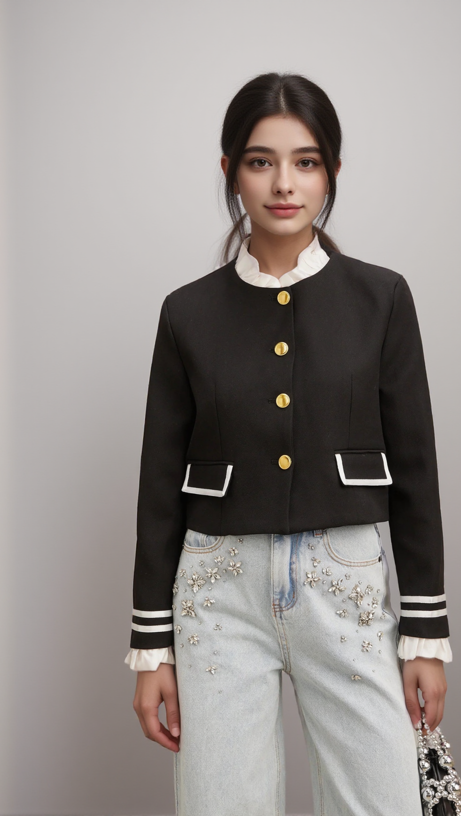 GÉRALDINE BLACK RUFFLED-TRIM JACKET